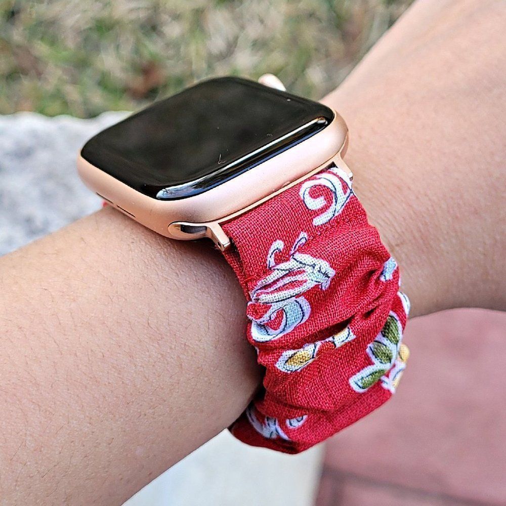 Red Floral Scrunchie Apple Watch Band 38/40/41/42/44/45mm Cotton Fabric Straps